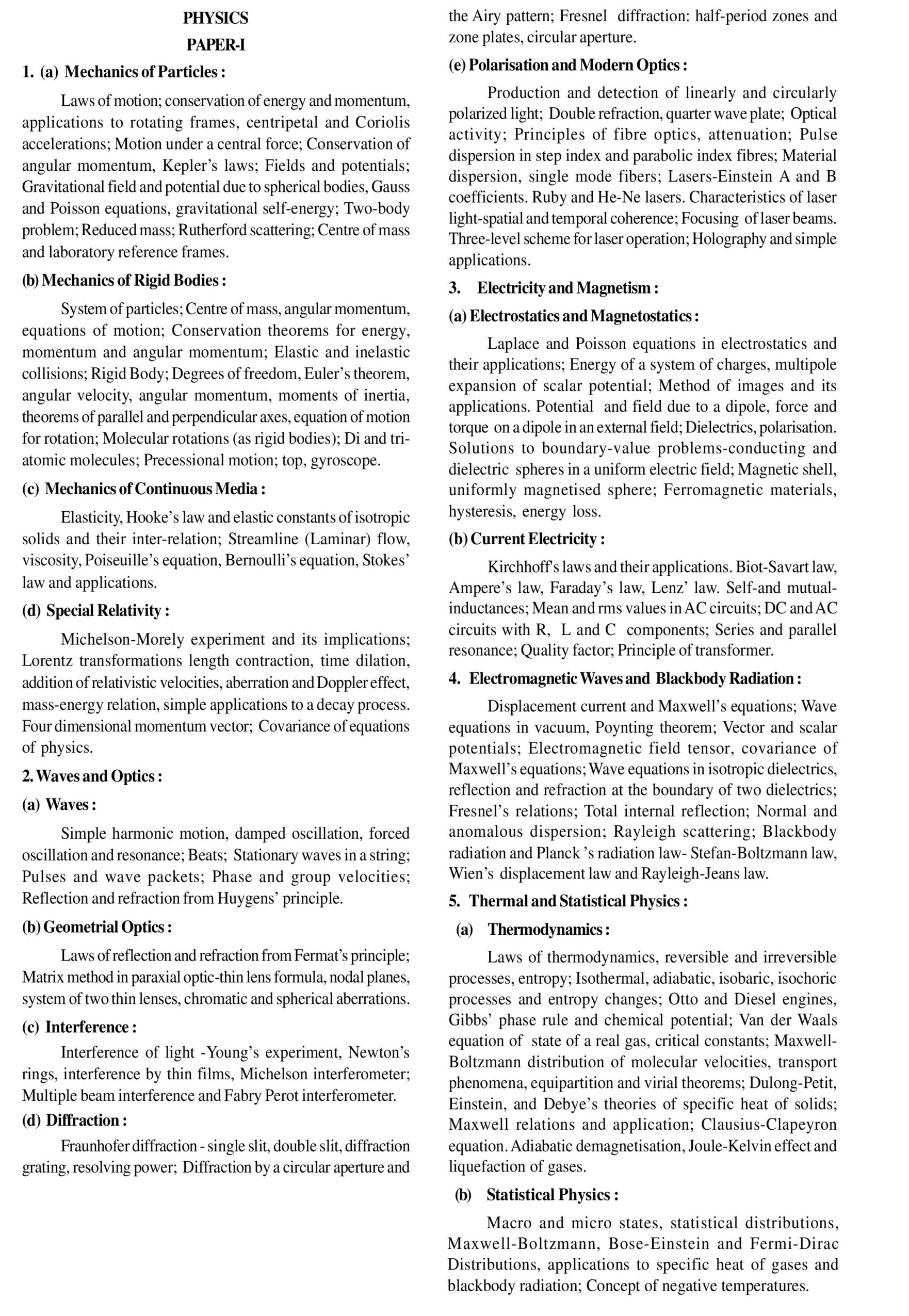 UPSC Physics Optional Syllabus Paper 1 PDF