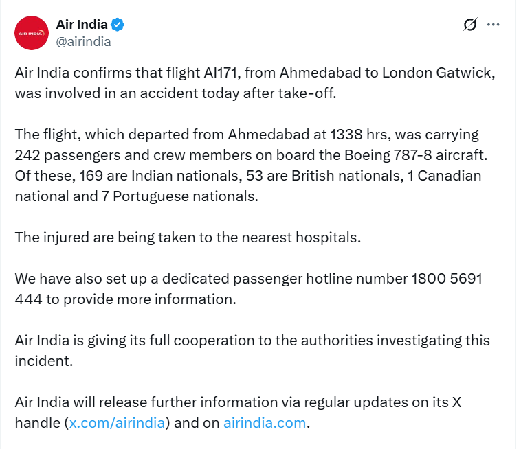 Air India confirms that flight AI171