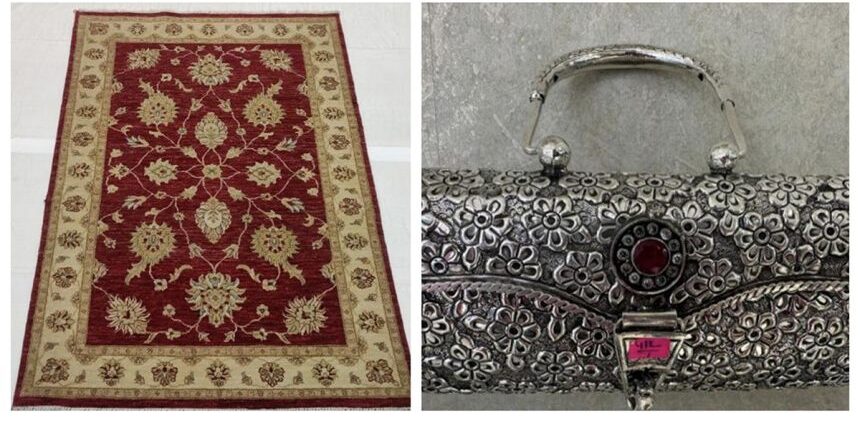 Kashmiri silk carpet, silver clutch from Andhra
