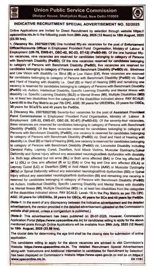 UPSC EPFO Notification 2025 Released | Apply Online for 230 Posts from July 29 @upsconline.nic.in_4.1