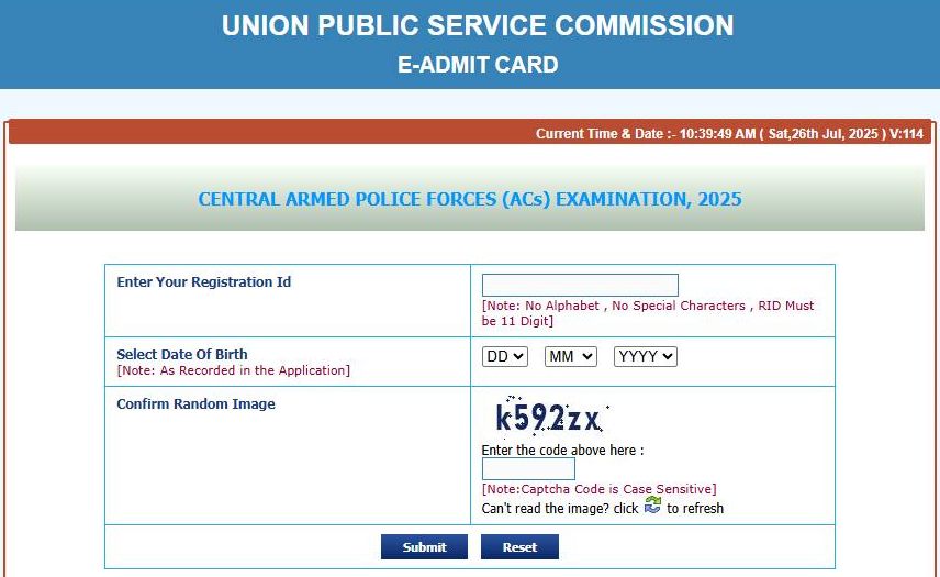 UPSC CAPF AC Admit Card 2025