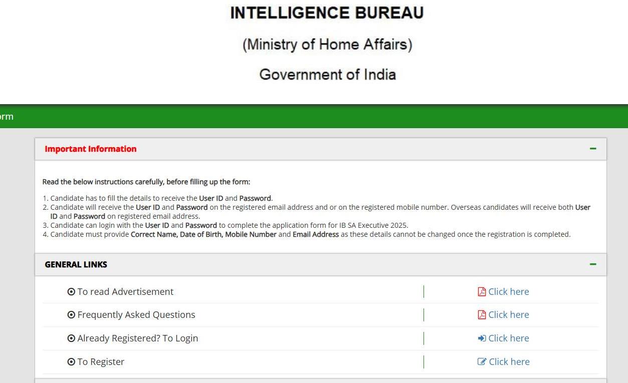 IB Security Assistant Apply Online 2025