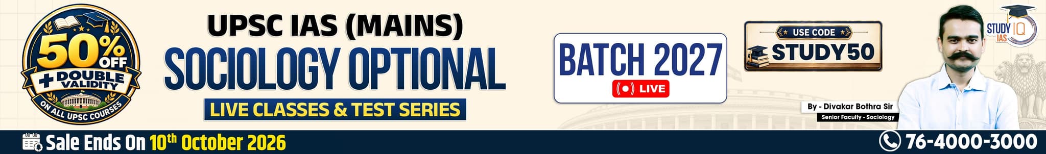 UPSC IAS (Mains) Sociology Optional Live 2027-28 (Comprehensive) September Batch By Divakar Bothra 