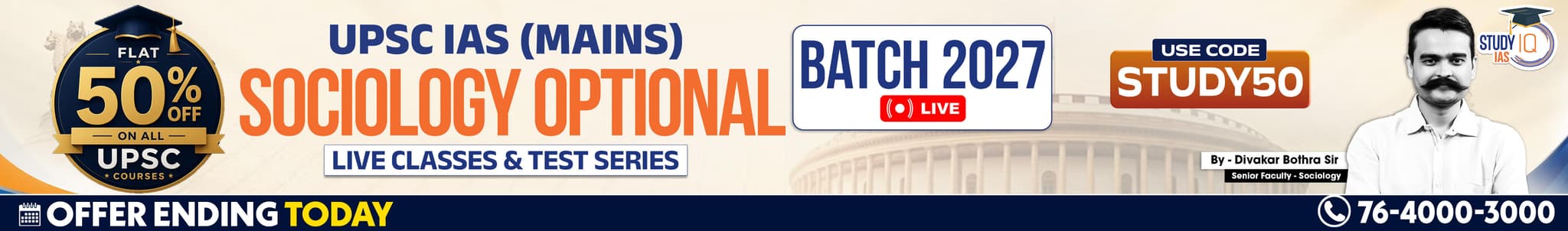 UPSC IAS (Mains) Sociology Optional Live 2027-28 (Comprehensive) June Batch By Divakar Bothra