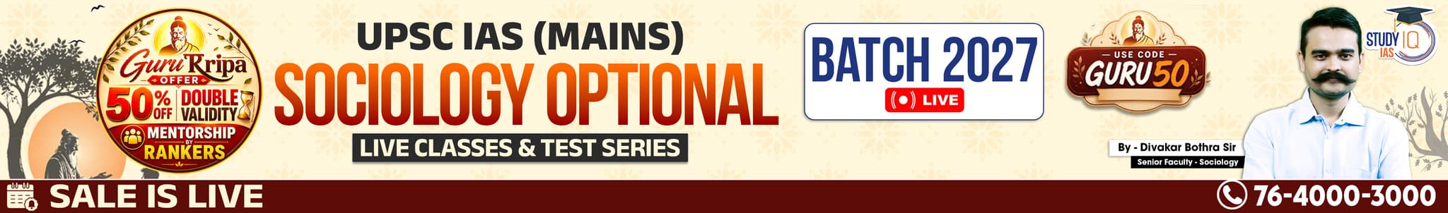 UPSC IAS (Mains) Sociology Optional Live 2027-28 (Comprehensive) July Batch By Divakar Bothra