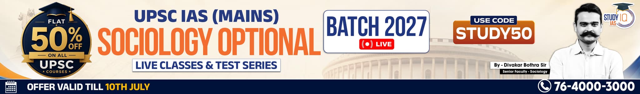 UPSC IAS (Mains) Sociology Optional Live 2027-28 (Comprehensive) June Batch By Divakar Bothra